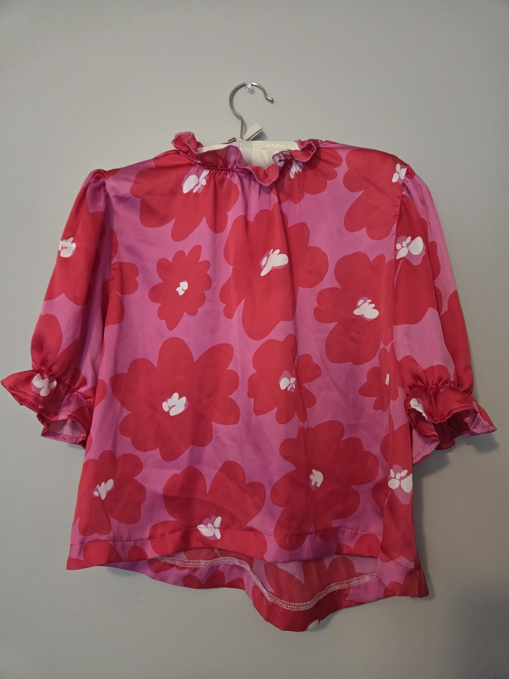 entro Pink and Red Floral Ruffle Neck Blouse